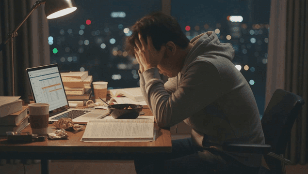 늦은 밤 스트레스 받으며 공부하는 대학생