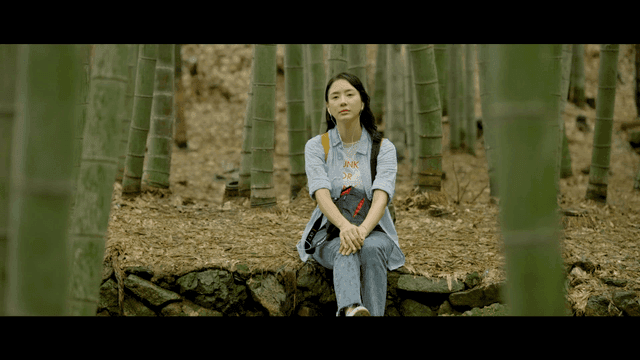 Woman sitting peacefully in bamboo forest