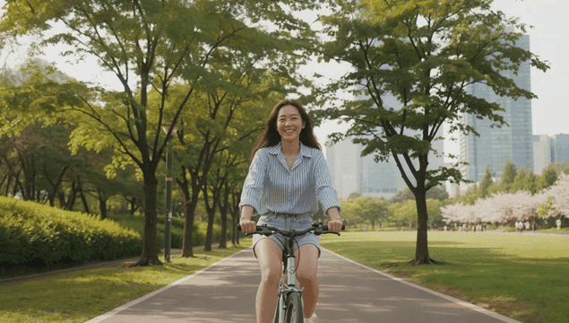 도시 공원을 자전거로 달리는 여성