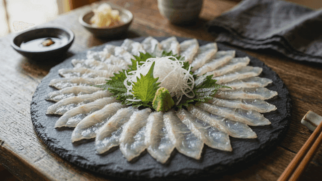 Beautifully arranged pufferfish sashimi
