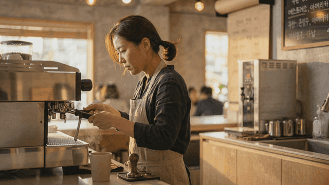 Barista preparing coffee in a cozy cafe