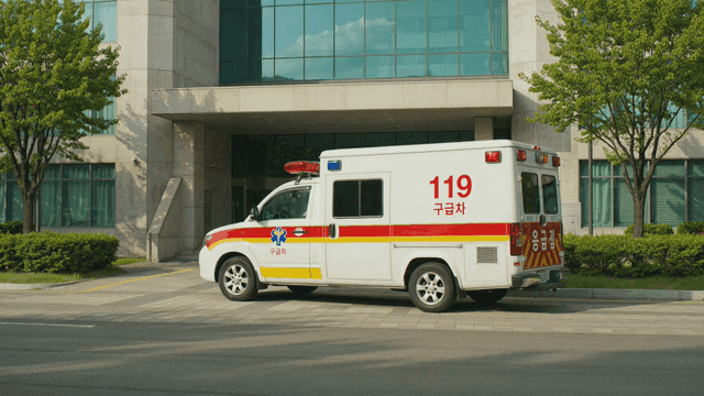Ambulance parked in front of a building