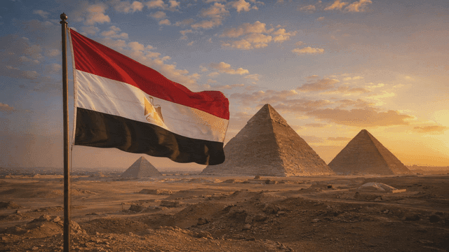Egyptian flag waving near pyramids at sunset