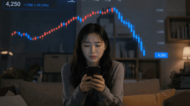 휴대폰으로 하락하는 주식 시장 보고 슬픈 여자
