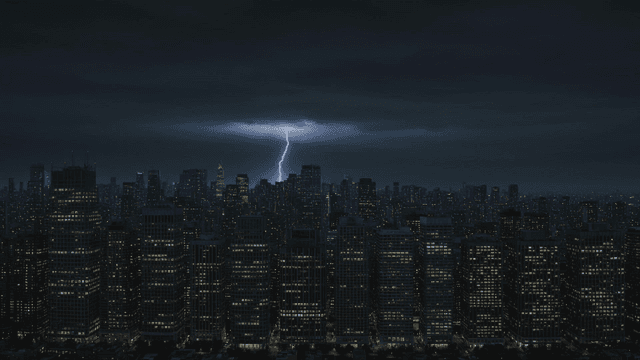 Lightning-strewn night city skyline