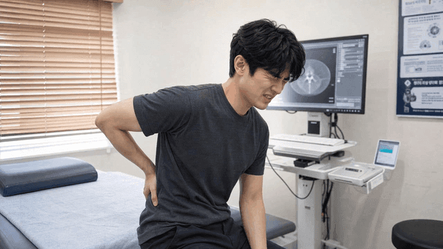 Young male patient suffering from back pain at clinic