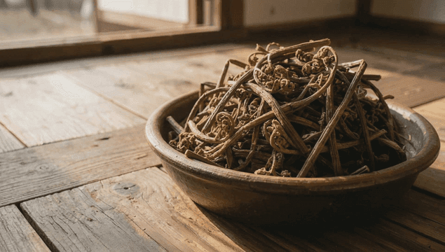 나무 바닥 위의 말린 고사리 한 그릇