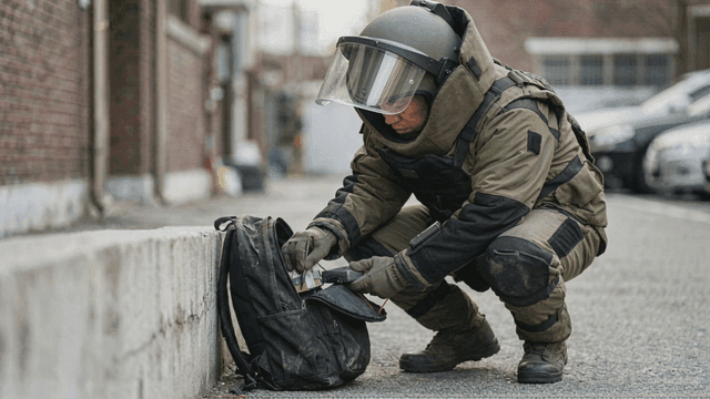 Explosives disposal expert removing bomb from bag