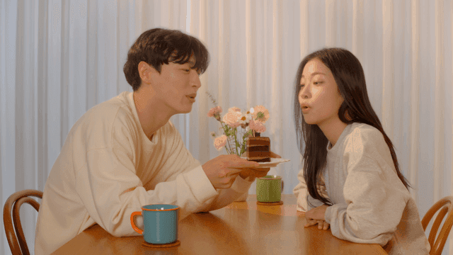 Candle-blowing couple celebration at dining table