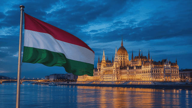 Hungarian flag waving by the river
