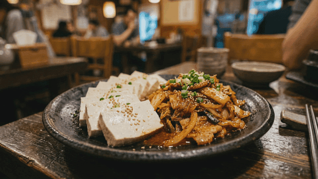 Plate containing tofu and spicy pork stir-fry