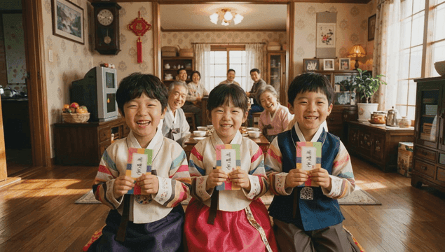 Children wearing hanbok and holding New Year's money
