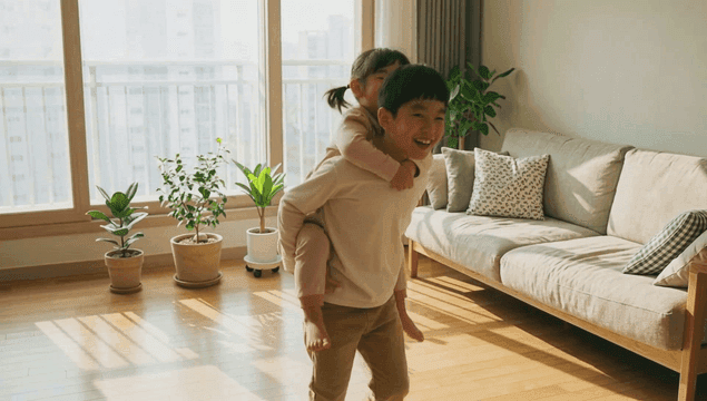 Children happily playing on piggyback in sun-filled living room