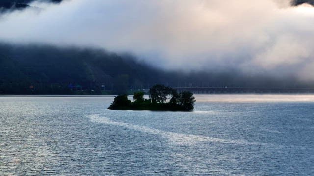 안개 낀 강의 작은 섬