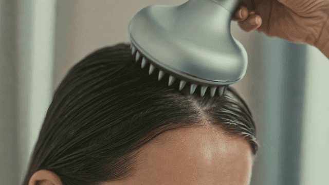Woman using scalp massager on wet hair