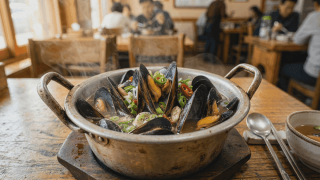 Steaming mussel soup in a cozy restaurant