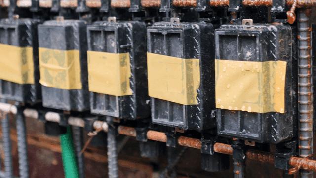 노란 테이프가 붙은 젖은 전기 박스