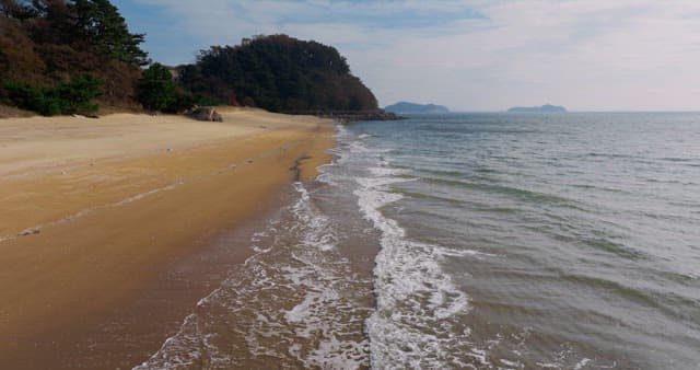 파도가 밀려와 부서지는 평화로운 해안가