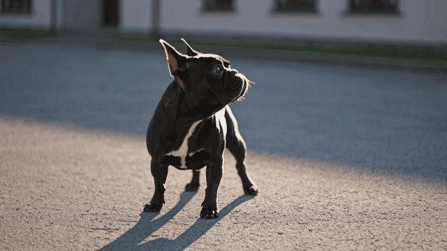 Black dog standing on sunlit street