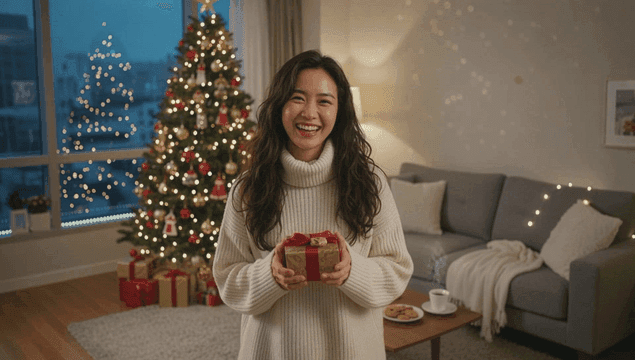 크리스마스 거실에서 선물을 들고 웃는 젊은 여성