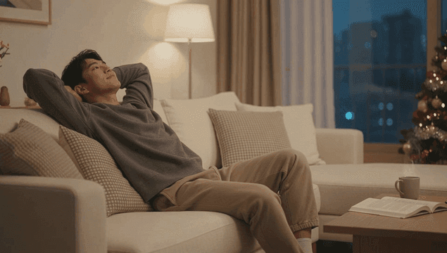 Man relaxing on sofa with Christmas tree