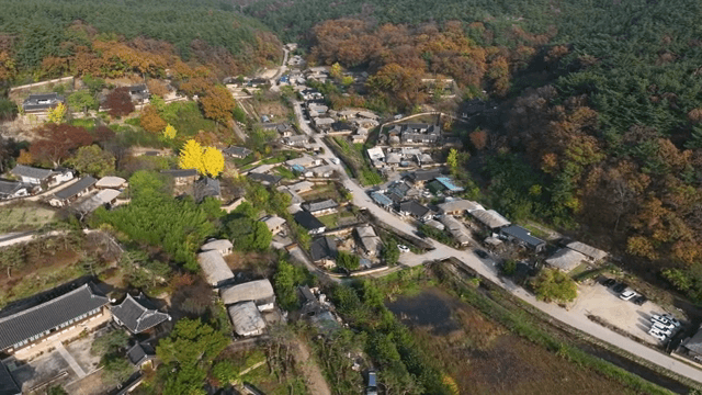 Traditional village surrounded by autumn trees