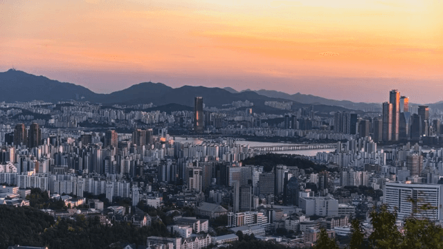 Beautiful city view at sunset with colorful sky