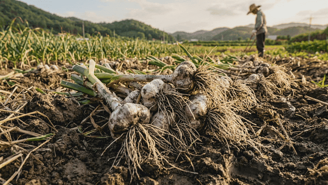 Garlic freshly harvested from field