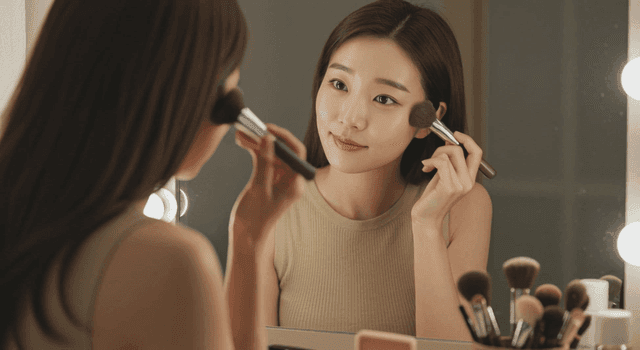 거울 앞에서 화장하는 여성