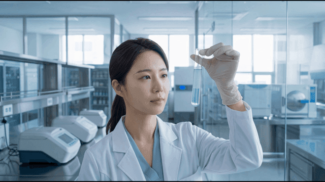 Scientist examining a test tube in a lab