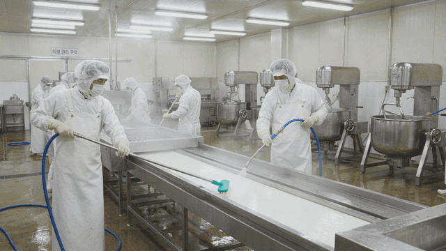 Workers cleaning with hot water at food processing plant