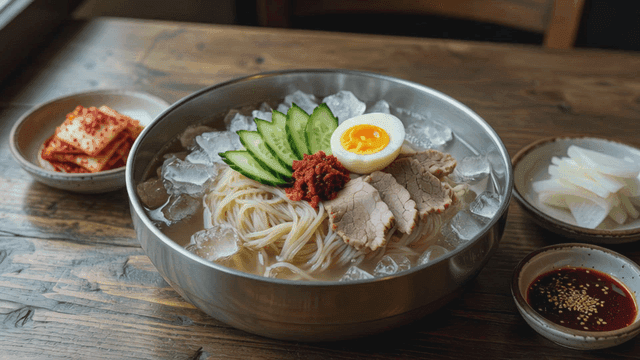 Bowl of cold noodles served with side dishes