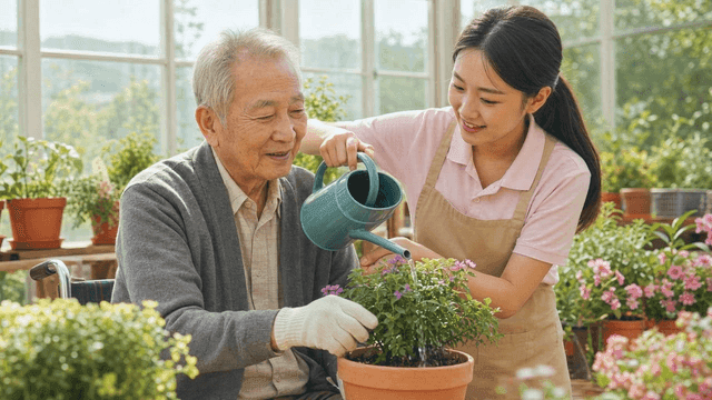 Young woman and elderly person watering garden pots