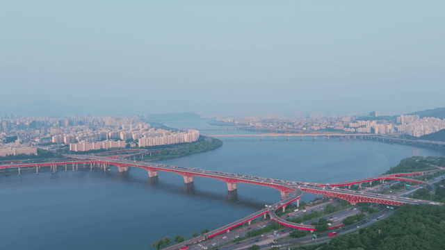 Aerial view of Seoul city with Han River and grand bridge