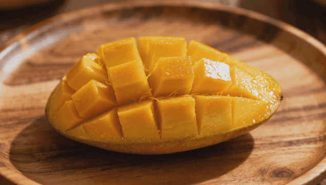 나무 접시에 올려진 망고