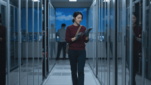 Woman checking data in server room