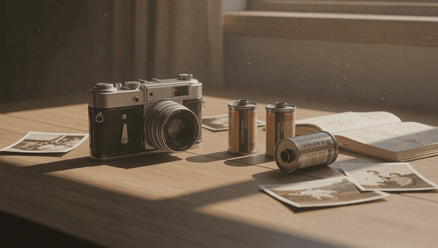 테이블 위의 빈티지 카메라와 필름 롤