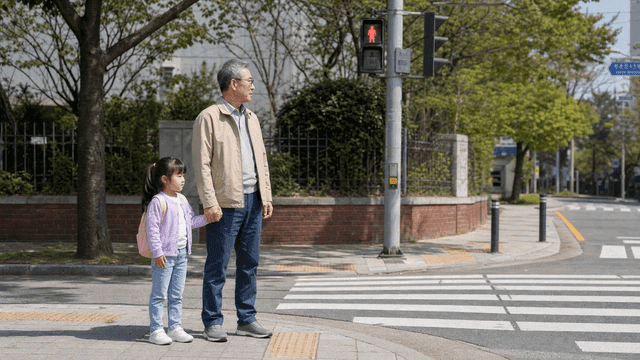 Grandfather and granddaughter waiting at crosswalk