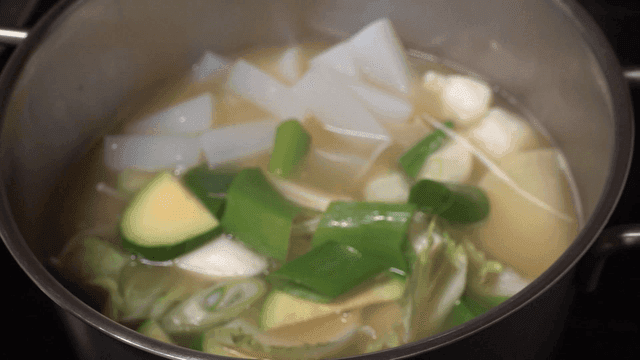 Miso soup with vegetables and konjac