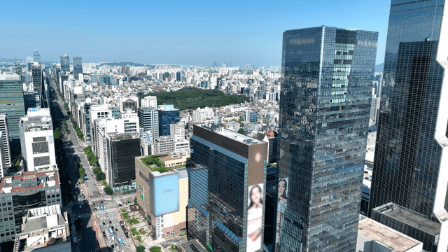 A bustling city with modern skyscrapers