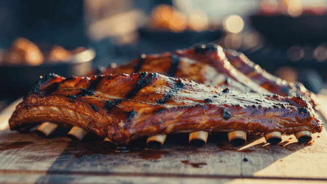 Grilled ribs on a wooden board