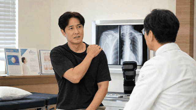 Shoulder pain patient consulting with doctor in examination room