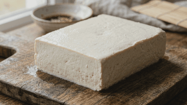 Fresh tofu placed on wooden cutting board.