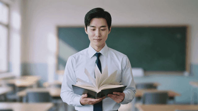Teacher reading book in classroom