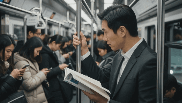 혼잡한 지하철에서 책을 읽는 직장인 남성