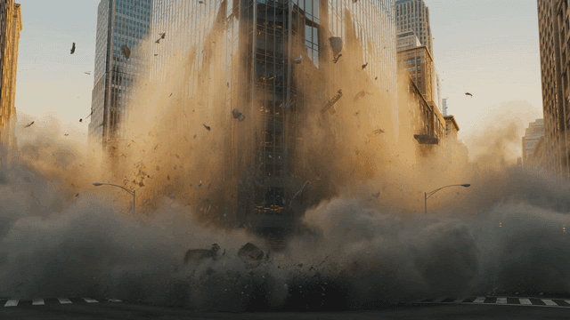 Sight of building collapsing on city street