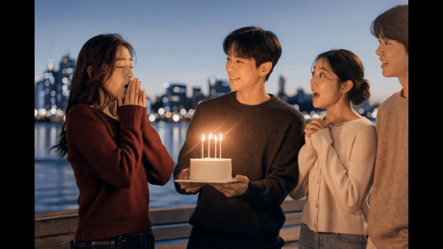 Friends celebrating a birthday by the river