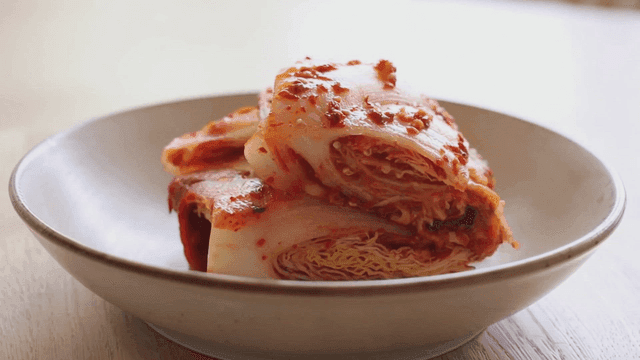 Well-ripened napa cabbage kimchi with red chili powder