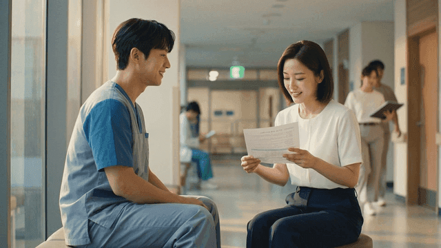 Conversation between nurse and woman in hospital hallway