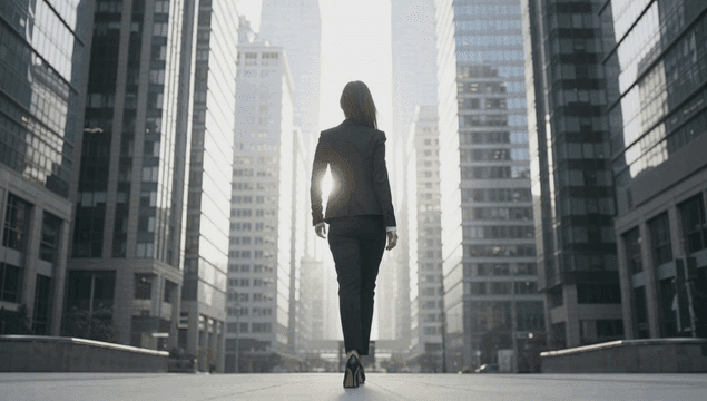 Back view of a female office worker walking through a modern cityscape